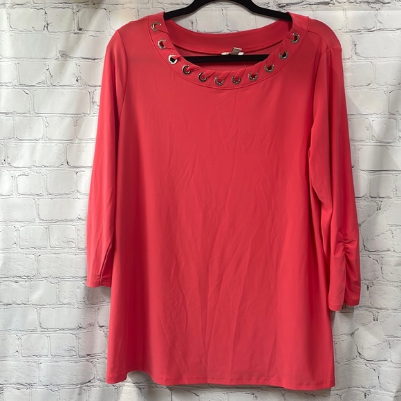 Cato NWT 3/4 sleeve coral ribbon grommet neck trim large shirt - Picture 1 of 8